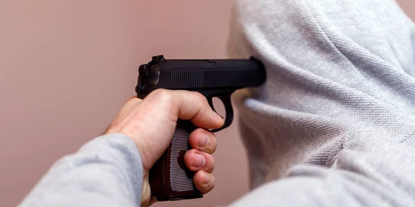 Man Hood Gun Pistol Gangster Violence Outrage Force Rape Criminal — Stock Photo, Image