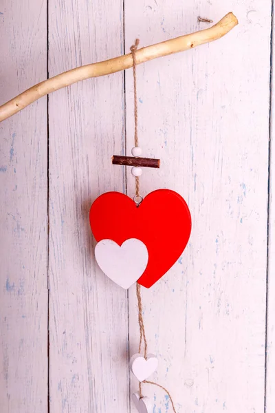 Red Romantic Wooden Heart Hanging Painted White Boards Hearts Handing — Stock Photo, Image