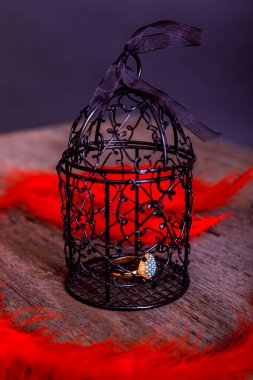 Kırsal ahşap arka planda kırmızı dumanlı boş paslı kuş kafesi. Sevgililer Günü konsepti.