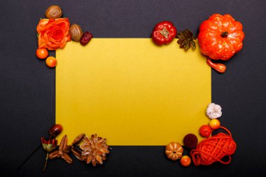 Yaratıcı düz sonbahar sarı yaprakları ve çiçekleri siyah arka planda sarı boş bir boşlukla uzanır. Mevsimlik sonbahar sınırı, konsept.