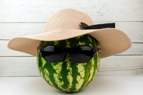 Watermelon Hat Sunglasses Natural Shabbi White Background Whole Watermelon Wooden — Stock Photo, Image
