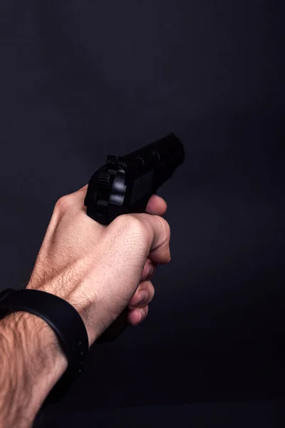 Male Hand Gun Isolated Black Background Man Gun Ready Shoot — Stock Photo, Image