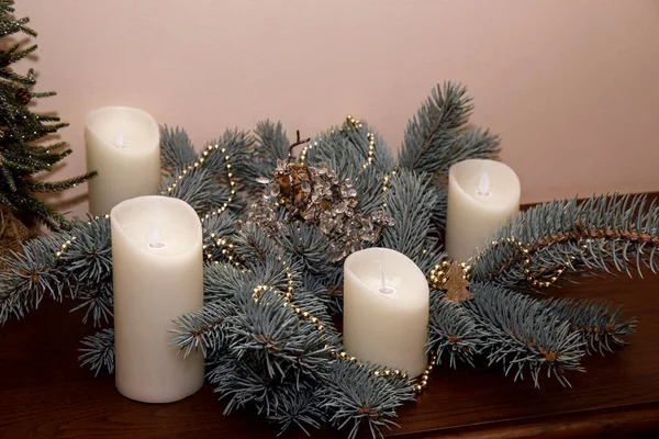 Natural Advent Wreath Crown White Candle Wooden Table — Stock Photo, Image