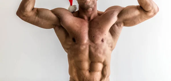 Bodybuilder Spänner Musklerna Studion Kroppen Attraktiv Manlig Kroppsbyggare Vit Bakgrund — Stockfoto