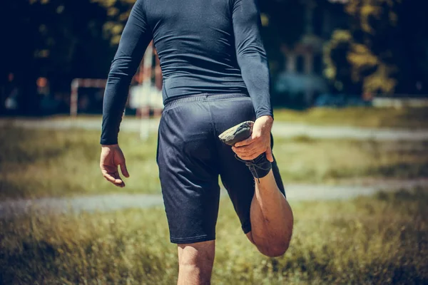 Outdoors Image Muscular Young Man Streching Out Nature Background Stretching — Stock Photo, Image