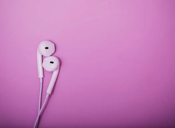 Lovely Earphones White Earphones Pastel Pink Background Music Life Concept — Stock Photo, Image