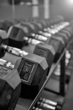 Spor salonunda siyah dambıl var. Spor fitness merkezinde raflardaki birçok metal dambılı kapatın. Ağırlık Çalışması Ekipmanı konsepti.