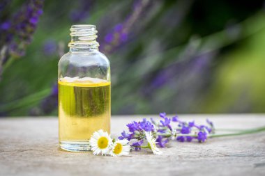 Yağ özü şişesi ve lavanta çiçekleri kırsal ahşap arka planda.