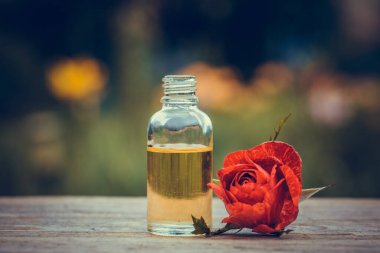 Şifalı çiçekler ve şifalı bitkiler üzerine gerekli yağ şişeleri, seçici odaklanma, sığ. Temel yağlar ve tıbbi bitkiler..