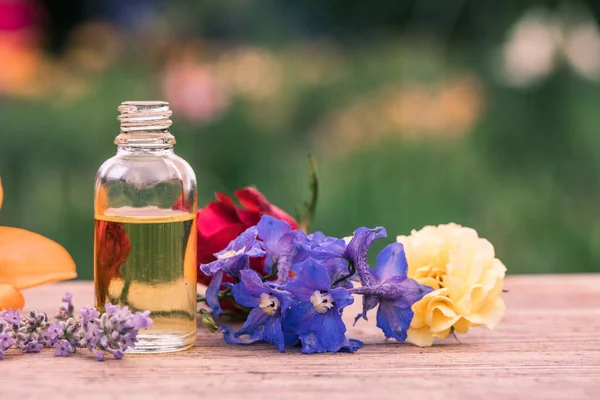 Herbal Aroma Oil Bottle Various Drugplant Flowers Wooden Surface Nature — Stock Photo, Image