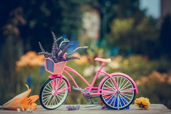Vintage Bicycle with flowers, summer background with toned picture. Vintage pink bicycle with flower basket.