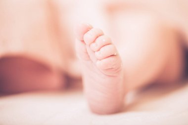 Hafif bir battaniyeye sarılı şirin bebek bacakları. Hafif bir arka planda uyuyan bebek. Yenidoğan bacakları. Bebek eşyaları paketleme şablonu. Tıbbi ve sağlıklı bir kavram. Resmi kapat.