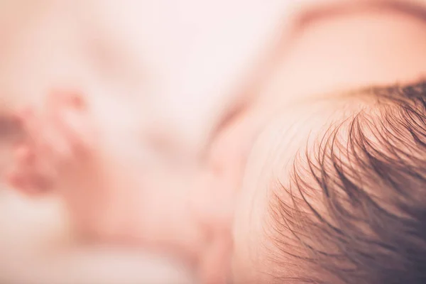 Close Newborn Baby Bed Lots Dark Hair Close Image — Stock Photo, Image