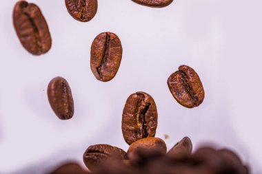 Beyaz arka plana düşen kavrulmuş kahve taneleri, stüdyo ışığı. Beyaz arka planda uçuşan Arap kahve çekirdekleri. Resmi kapat.