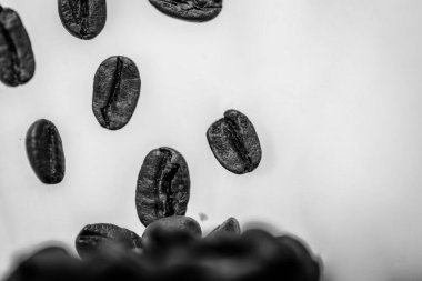 Beyaz arka plana düşen kavrulmuş kahve taneleri, stüdyo ışığı. Beyaz arka planda uçuşan Arap kahve çekirdekleri. Resmi kapat.