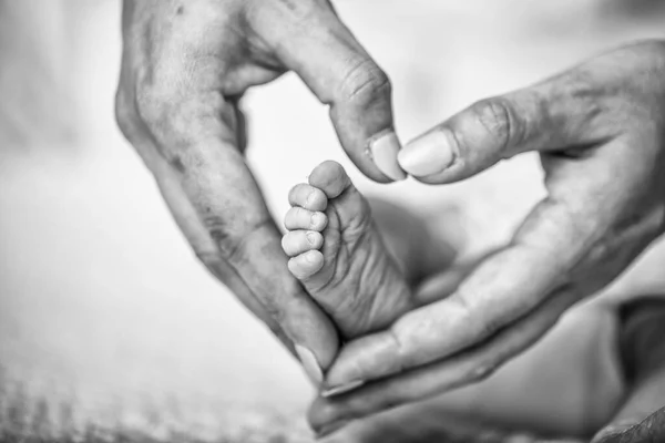 Pés Bebé Recém Nascidos Nas Mãos Mãe Massagista Massajando Bebezinho — Fotografia de Stock
