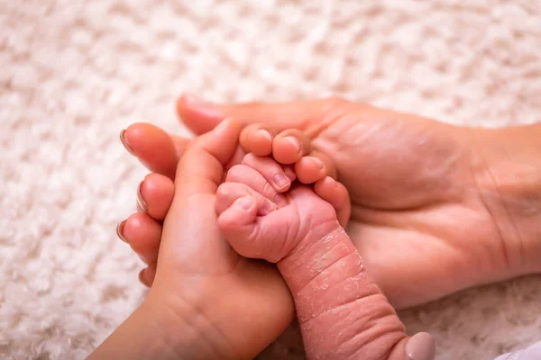 Mãe Gentilmente Segure Perna Bebê Mão Imagem Levemente Tonificada Com — Fotografia de Stock