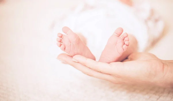 Нога Новорожденного Ребенка Заботливых Руках Матери — стоковое фото