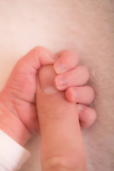 Toque Amor Close Mão Bebê Segurando Dedo Mãe Bebê Recém — Fotografia de Stock