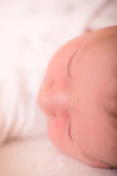 Großaufnahme Eines Entzückenden Neugeborenen Das Auf Weißen Laken Schläft Süßer — Stockfoto