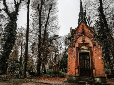 Lviv / Ukrayna - Kasım 2019: Sonbaharın sonlarında Lychakiv mezarlığındaki eski mahzen. Turuncu tuğlalar, koyu renkler, etrafta kimse yok. Lviv 'in kalbinde sakin, izole bir yer. Huzurlu turistik dönüm noktası.
