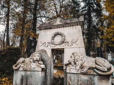 Lviv / Ukrayna - Kasım 2019: Tombstone ve aslan heykelleri Lychakiv mezarlığındaki bir mezarlıkta. Doğu Avrupa 'daki ünlü eski mezarlık. Huzurlu bir yürüyüş için güzel huzurlu bir ortam..