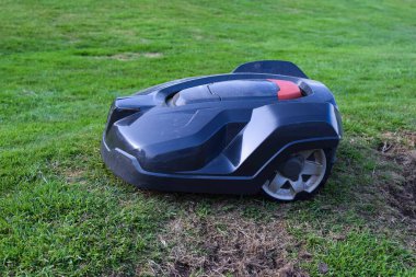 Robotic lawn mower mows the lawn in a garden clipart