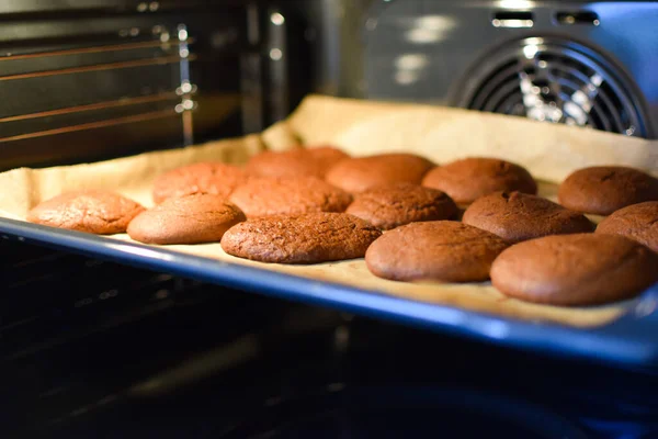 Baking cinnamon gingerbread. Gingerbread cookies on a baking sheet in the oven.