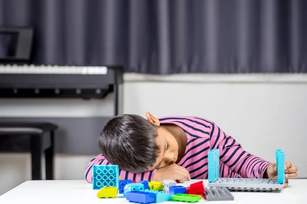 Jovem Menino Asiático Brincando Construindo Com Tijolos Plásticos Coloridos Aprendizagem — Fotografia de Stock