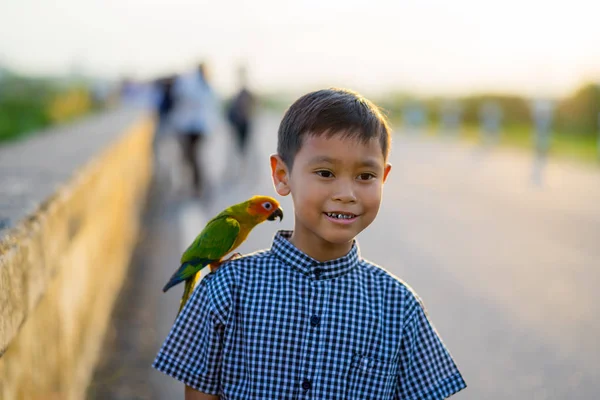 Der Junge Spielt Mit Dem Papagei Auf Seinen Schultern — Stockfoto