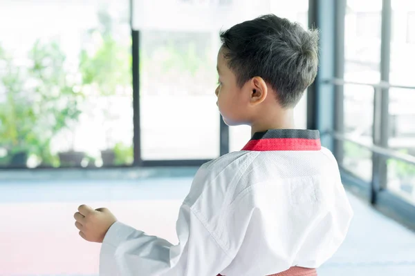 Asiático Menino Vestindo Branco Terno Taekwondo Agindo Pronto Para Batalha — Fotografia de Stock