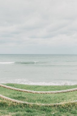 Önünde taze yeşil çimenler olan deniz manzarası ve karamsar gökyüzü bulutlarla kaplı dalgalı bir deniz. Zen zihni ya da farkındalık kavramı. Rahatlatıcı, huzurlu bir arka plan. Meditasyon havası. Aerosol terapisi
