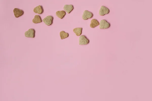 Πέφτει Καρδιές Ροζ Φόντο Minimal Flat Lay Valentines Day Cad — Φωτογραφία Αρχείου