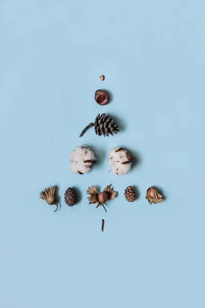 Creative flat lay. Christmas tree from natural elements: raw hazelnuts, pine cones and cotton flowers. Minimal top view composition for holiday season card, blog mood image or invitation mock up.