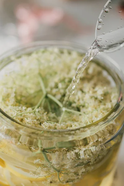 Frasco Bebida Caseira Verão Feito Fermentação Natural Flores Mais Velhas — Fotografia de Stock