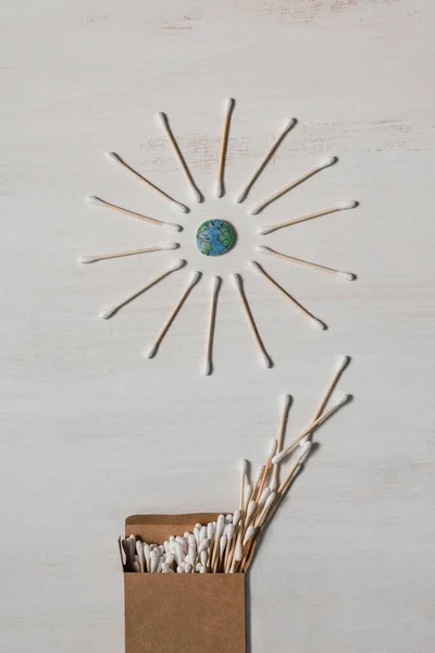 Creative Flat Lay Natural Bamboo Organic Cotton Buds Small Earth Stock Picture