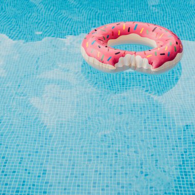 Mavi yüzme havuzunda yüzen lastik donut halkası. Minimum ve renkli yaşam tarzı kompozisyonu. Tatilde, otel dinlenme aktivitelerinde ya da yaz tatili konseptinde.