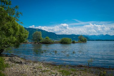 Güneşli bir günde, Almanya 'daki Lindau ile Avusturya' daki Lochau arasındaki Leiblach nehri boyunca yürüyorum.