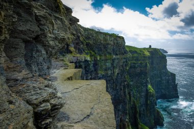 Moher, Co Clare, İrlanda 'nın muhteşem uçurumlarında yürüyorum.