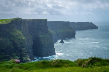Moher, Co Clare, İrlanda 'nın muhteşem uçurumlarında yürüyorum.