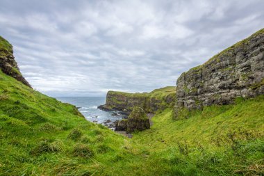Dunluce Şatosu Kuzey İrlanda 'da mahvolmuş bir ortaçağ şatosu