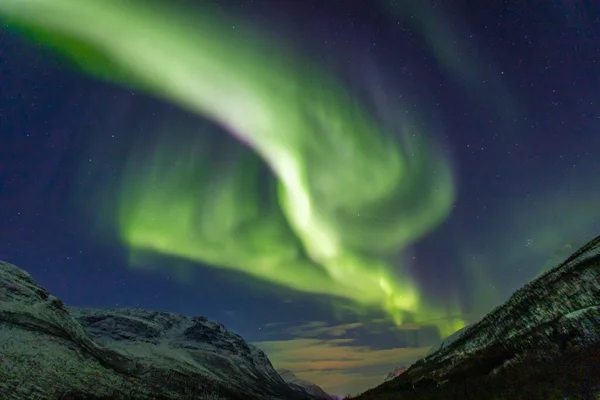Paisagem Com Aurora Borealis Sobre Lakselvbukt Noruega Norte — Fotografia de Stock