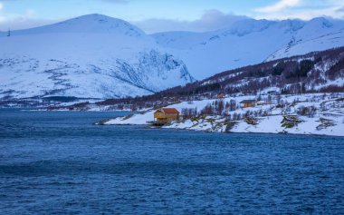 Kuzey Norveç 'teki Tromso kasabasının yakınlarında küçük ahşap evler. 