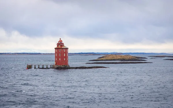 Beau Vieux Phare Octogone Rouge Kjeungskjaeret Fyr Dans Mer Norvège — Photo