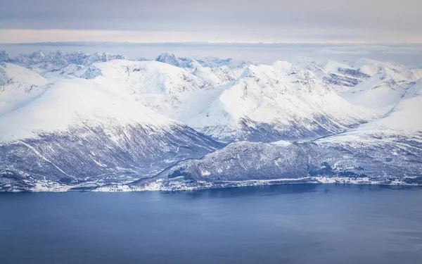 Légi Kilátás Északi Táj Havas Hegyek Fjordok — Stock Fotó