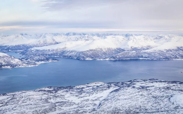 Aerial View North Landscape Snowy Mountains Fjords — Stock Photo, Image