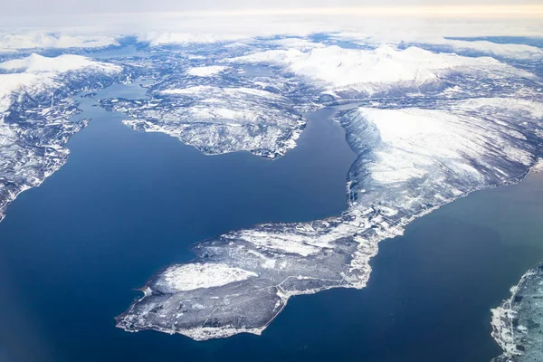 Légi Kilátás Északi Táj Havas Hegyek Fjordok — Stock Fotó