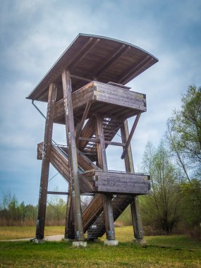 Weidmoos, Salzburg, Avusturya 'daki Vogelparadies' in güzel yerel dinlenme alanındaki gözlem kulesi. 