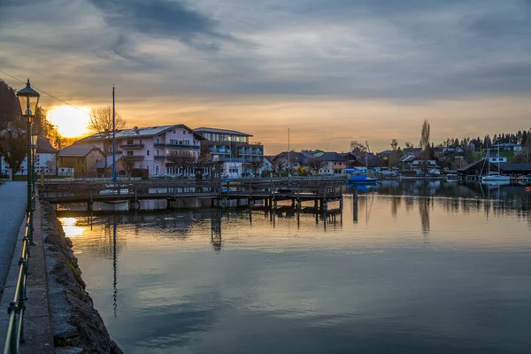 Krásná Krajina Městě Mattsee Při Západu Slunce Salcburk Rakousko — Stock fotografie