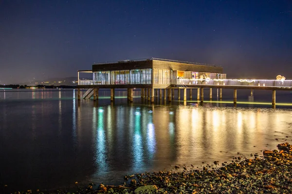 Nachtaufnahme Des Badehauses Kaiserstrand Lochau Bodensee — Stockfoto